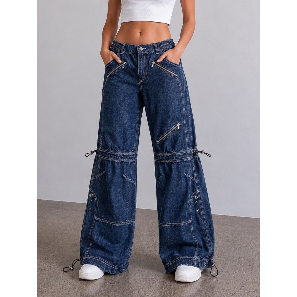 Silence + Noise Jeans Women Size 30 Blue Wide Leg Utility Zip Pocket Denim Rave